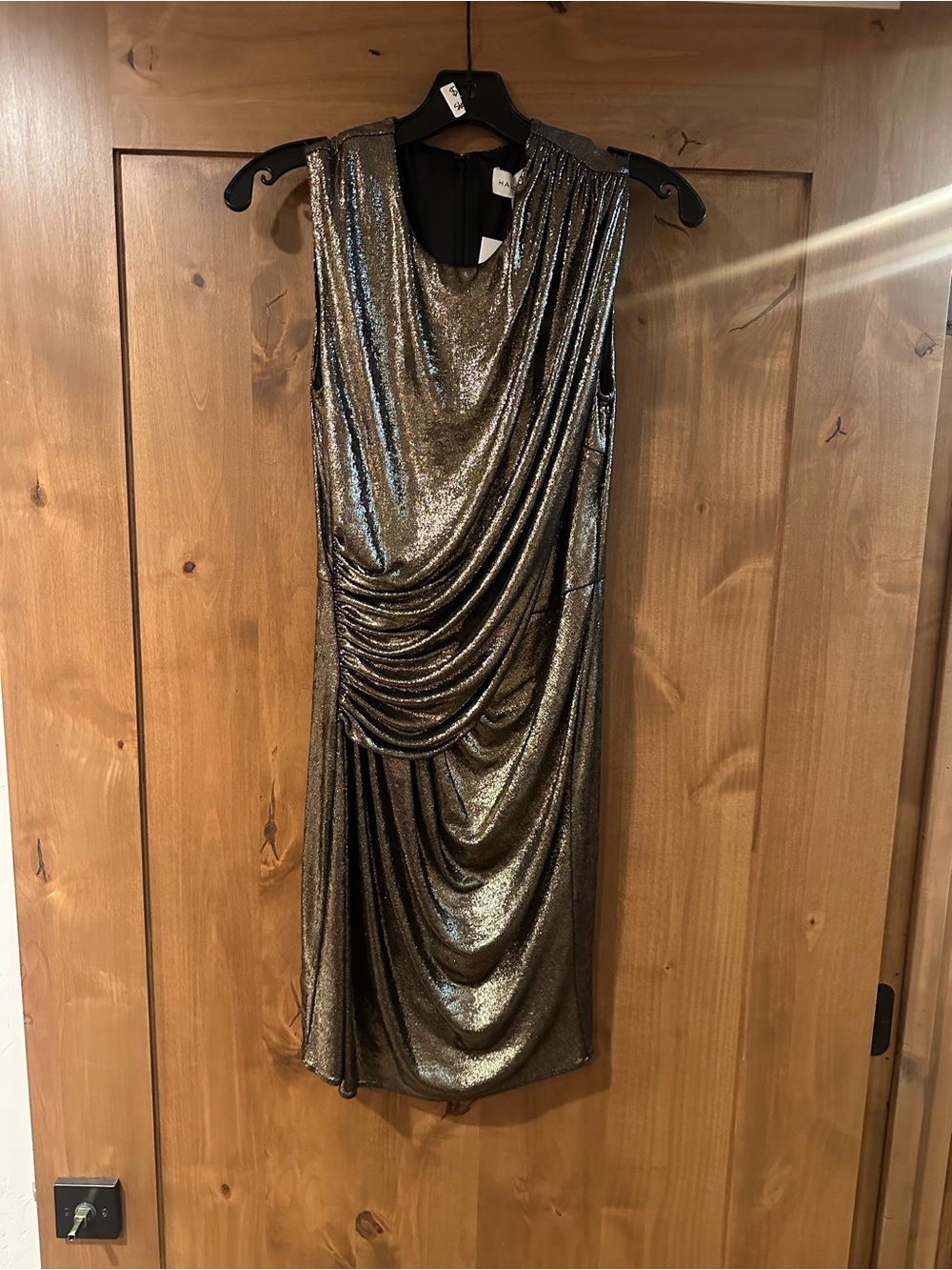 Halston Tiara Metallic Bronze One-Shoulder Draped Mini Dress - Picture 2 of 6